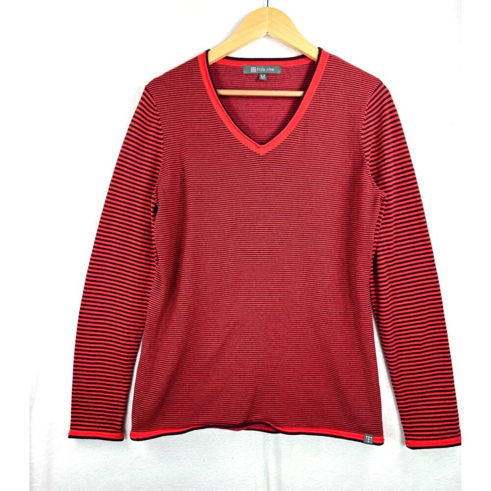 Title Nine striped V neck Sweater red‎ preppy athleisure sz M